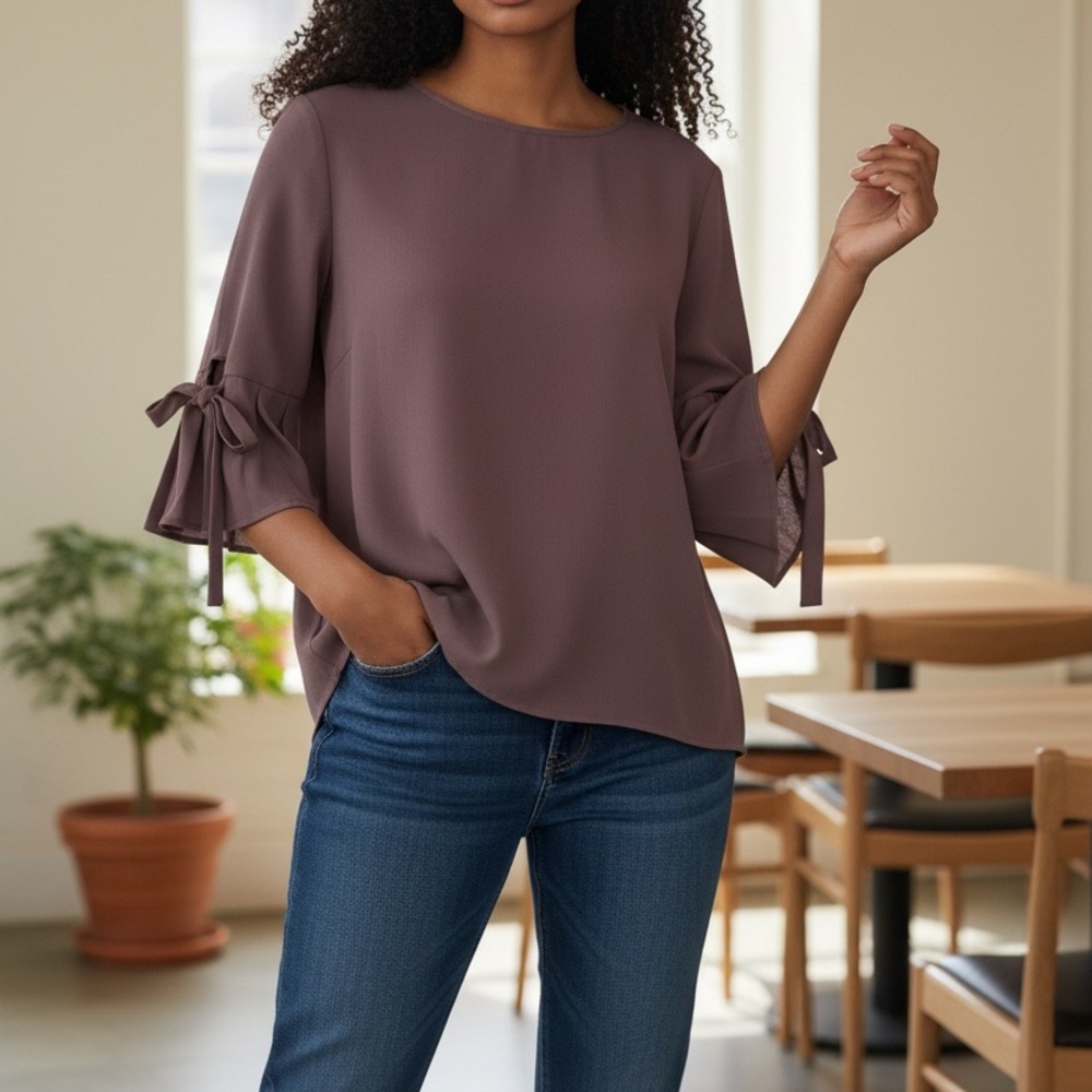 Chic Plum Blouse with Tie Sleeves